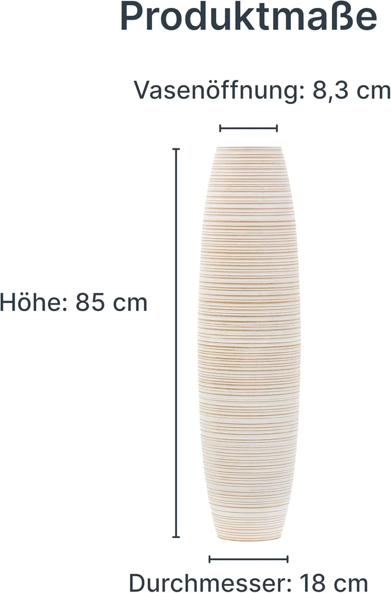 Leewadee Grosse Bodenvase für Dekozweige hohe Standvase Design Holzvase, Holz, 70 cm, White Wash 70