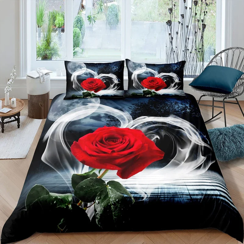 Rot Rose Bettw?sche für M?dchen Frauen Dekor Blumen Bettbezug Set 135x200cm Rose Psychedelisch Rauch