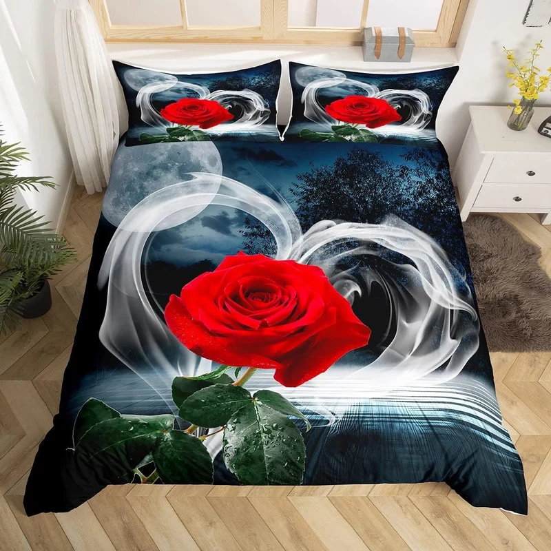 Rot Rose Bettw?sche für M?dchen Frauen Dekor Blumen Bettbezug Set 135x200cm Rose Psychedelisch Rauch