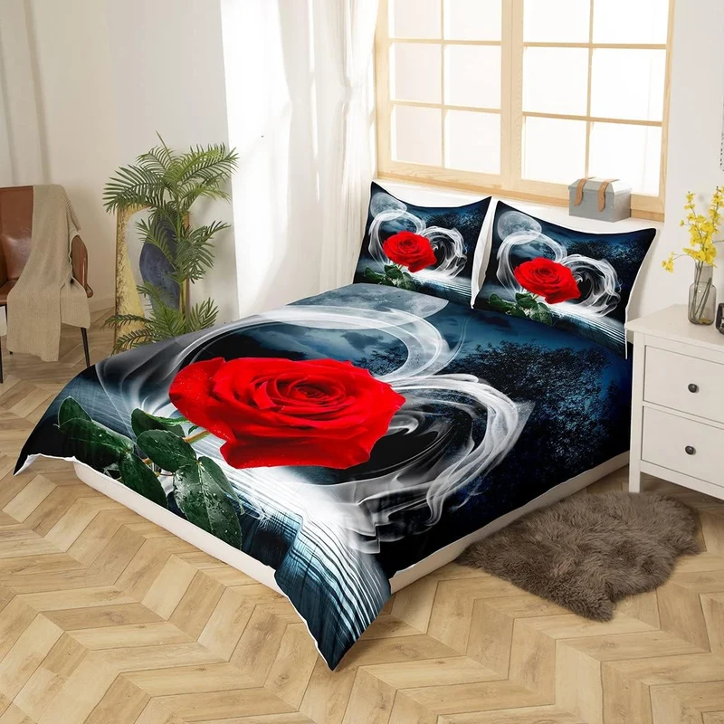 Rot Rose Bettw?sche für M?dchen Frauen Dekor Blumen Bettbezug Set 135x200cm Rose Psychedelisch Rauch
