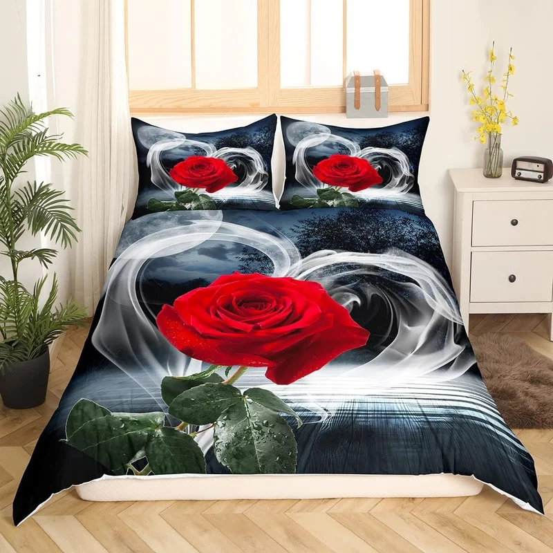 Rot Rose Bettw?sche für M?dchen Frauen Dekor Blumen Bettbezug Set 135x200cm Rose Psychedelisch Rauch