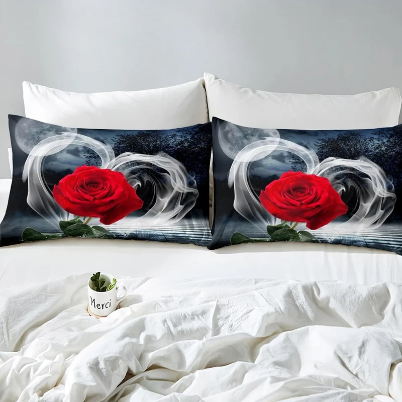 Rot Rose Bettw?sche für M?dchen Frauen Dekor Blumen Bettbezug Set 135x200cm Rose Psychedelisch Rauch