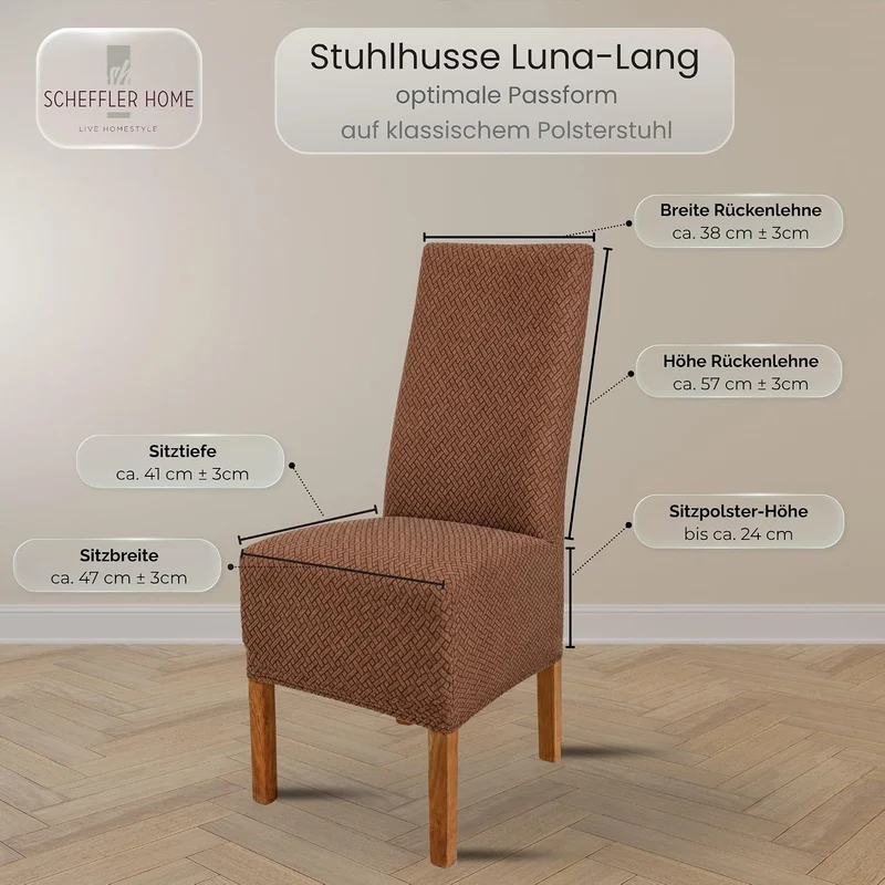 SCHEFFLER-Home Stuhlhussen Stretch Luna-Lang/Stuhlüberzug 4er Set Braun/elastische Flanell Stuhlabde
