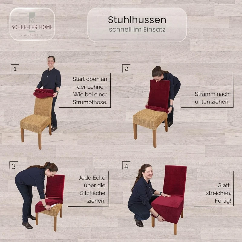 SCHEFFLER-Home Stuhlhussen Stretch Luna-Lang/Stuhlüberzug 4er Set Braun/elastische Flanell Stuhlabde