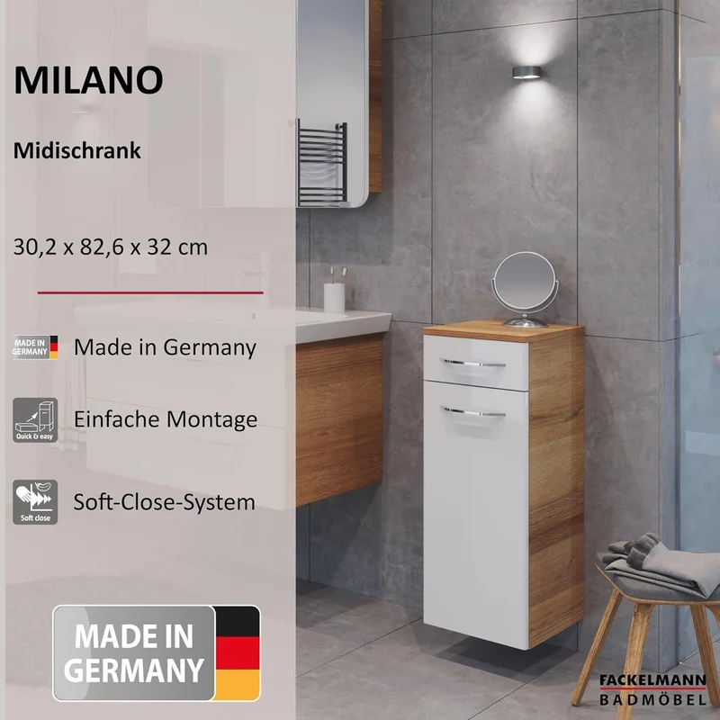 FACKELMANN Milano Midischrank mit Tür und Schublade – Schrank für Badezimmer (30,5 cm x 83 cm x 32 c