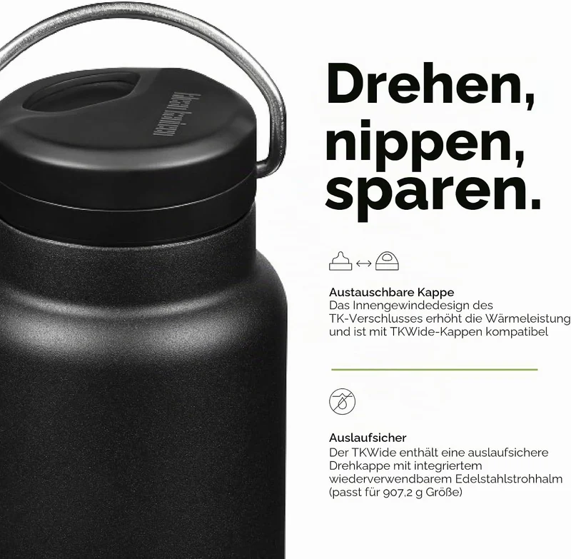 Klean Kanteen TKWide 32 oz (mit Drehverschluss) – Schwarz, Schwarz