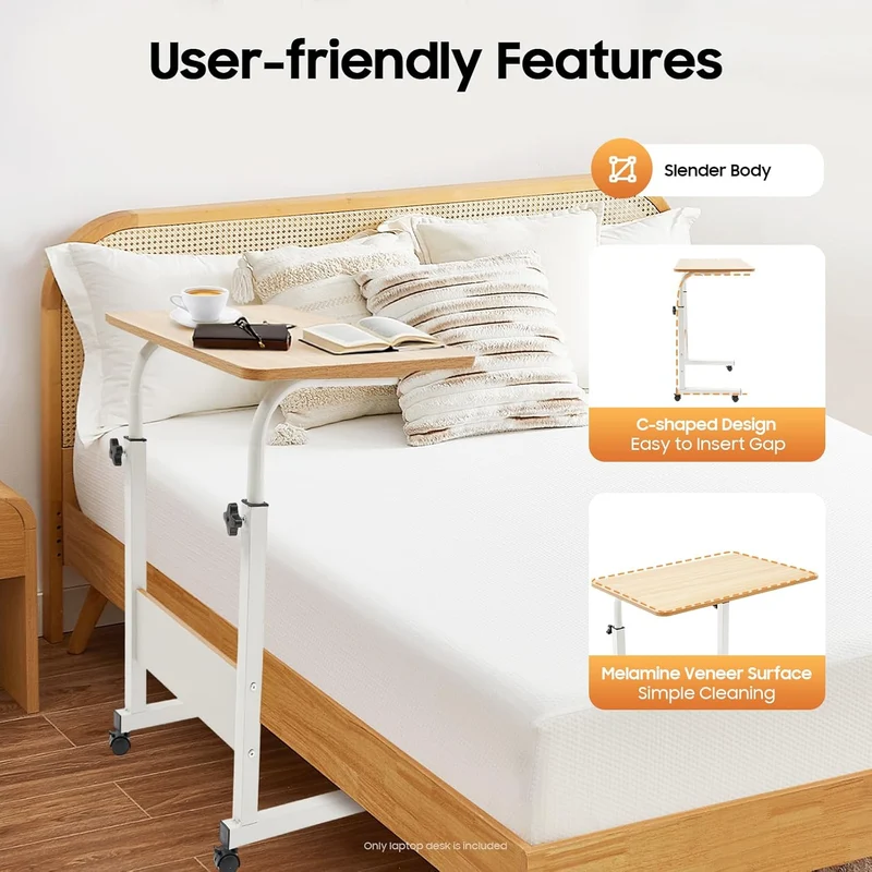 SHZICMY Beistelltisch, C-Form Sofatisch mit Rollen 70-90cm Höhenverstellbar mobiler Kaffeetisch Lapt