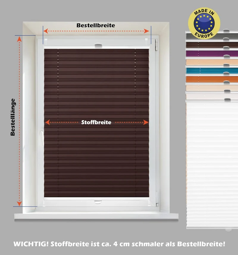 Domdeco Plissee 55x120cm Braun mit weiss lackierten Alu-Profilen, KlemmFix-Halterung zur Montage ohn