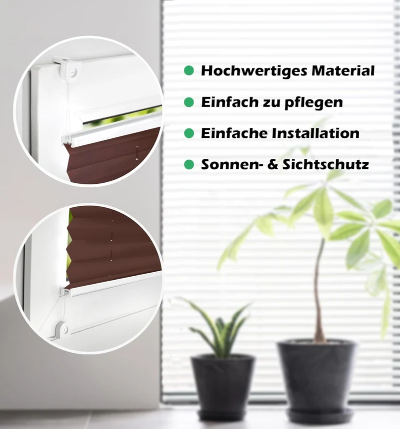 Domdeco Plissee 55x120cm Braun mit weiss lackierten Alu-Profilen, KlemmFix-Halterung zur Montage ohn