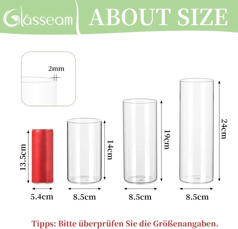 Glasseam Zylinder Vase Glas Klar, Blumenvase Modern Vasen Deko 6 Stück, 15/20/25cm Hoch Tulpenvase Z
