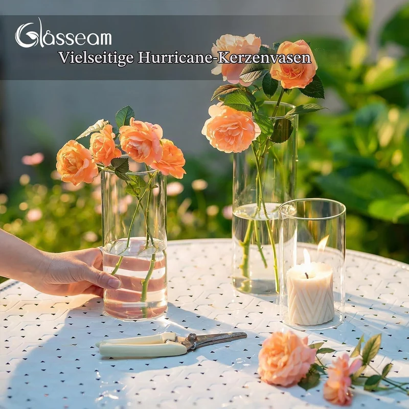 Glasseam Zylinder Vase Glas Klar, Blumenvase Modern Vasen Deko 6 Stück, 15/20/25cm Hoch Tulpenvase Z