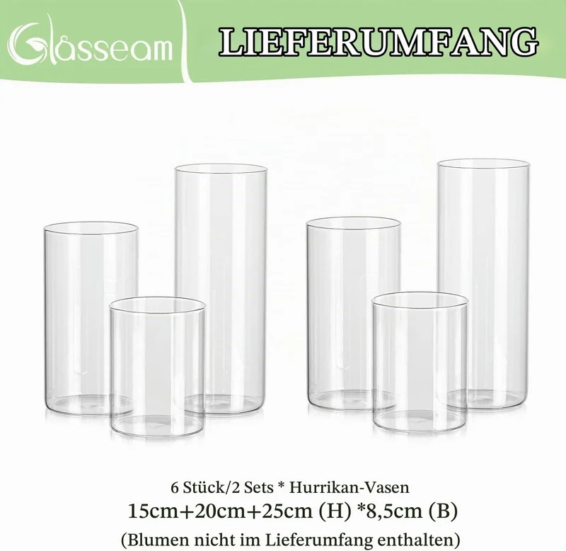 Glasseam Zylinder Vase Glas Klar, Blumenvase Modern Vasen Deko 6 Stück, 15/20/25cm Hoch Tulpenvase Z