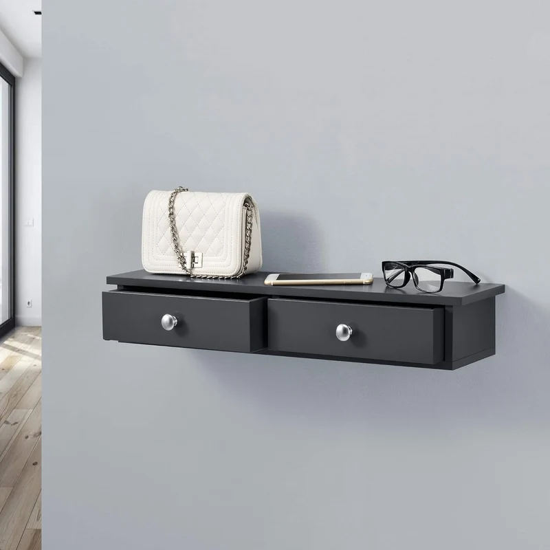 [en.casa] Wandregal mit 2 Schubladen Regal 10x60x15cm Ablage bis 15 kg Hängeregal MDF Dunkelgrau, Du
