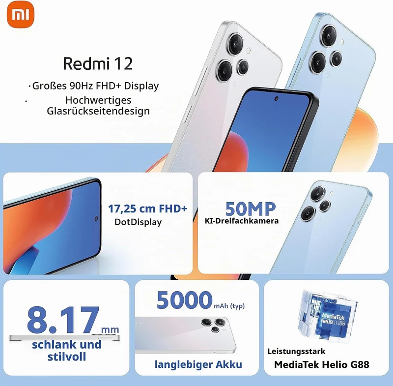 Xiaomi Redmi 12 Smartphone + Kopfhörer, 4+128GB, Handy ohne Vertrag, 6,79" FHD+ Display, 5.000 mAh,