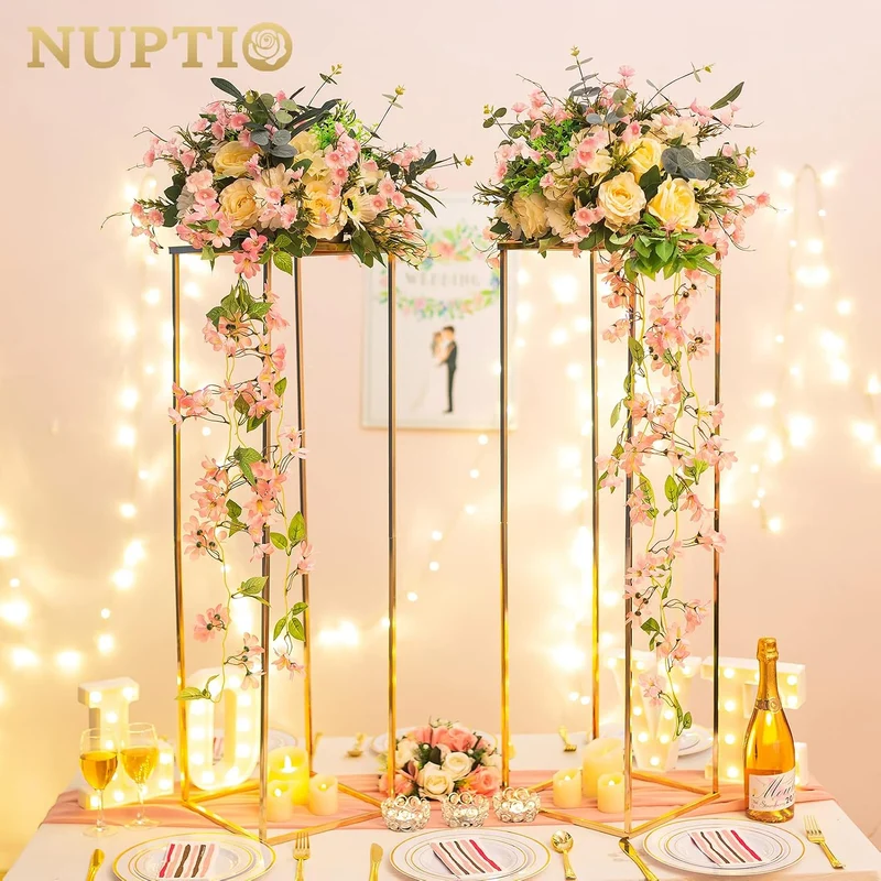 Nuptio Grosse Goldfarbene Vasen Mittelstücke – 2 Stück 100cm Hohe Blumenvasen Metall Säule Geometris