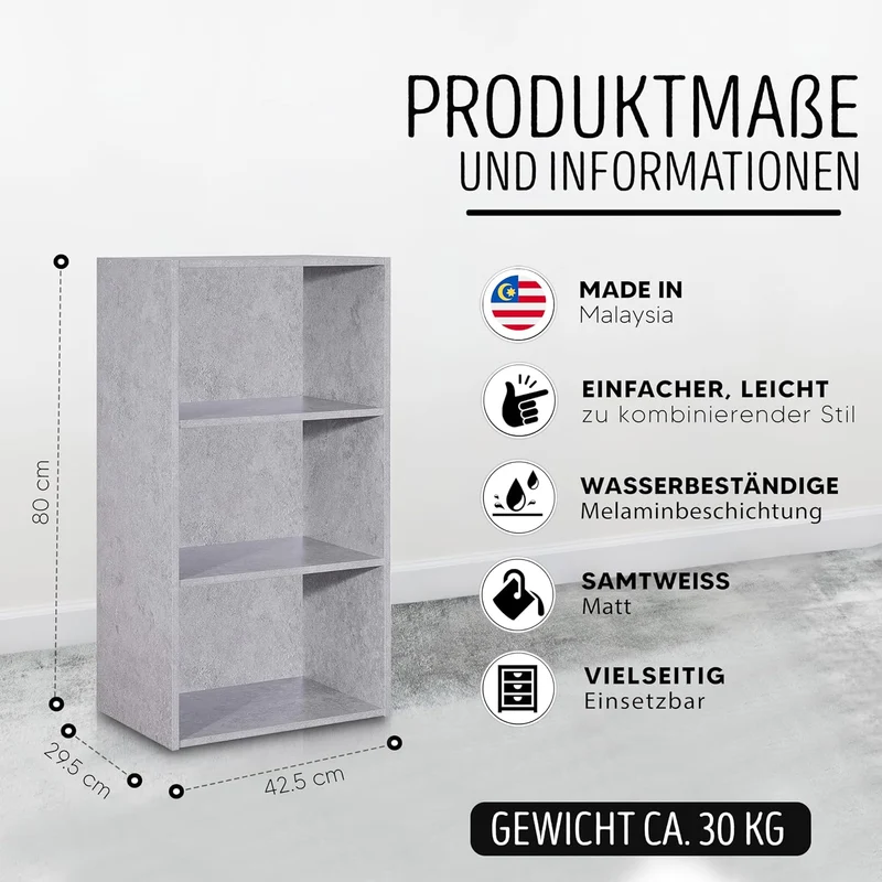 habeig Tube Bücherregal Standregal 3 Fächer Belastung Regalboden 30kg Standregal (80 x 42,5 x 29,5 c