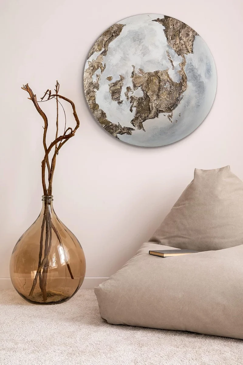 YS-Art Abstrakt Fluoreszierendes leuchtendes Acryl 3D Gemälde auf runder Leinwand Goldene Erde handg