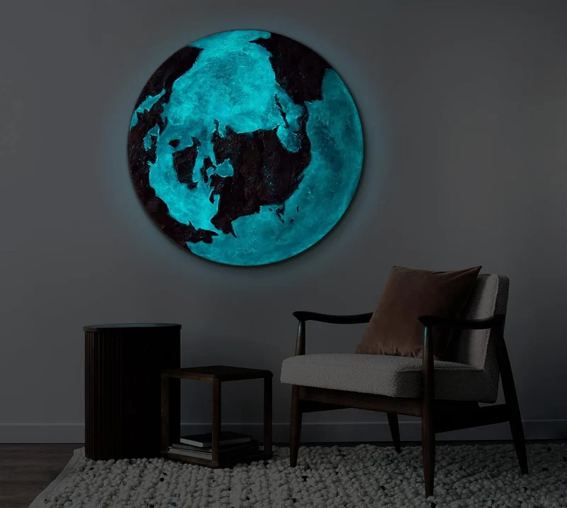 YS-Art Abstrakt Fluoreszierendes leuchtendes Acryl 3D Gemälde auf runder Leinwand Goldene Erde handg