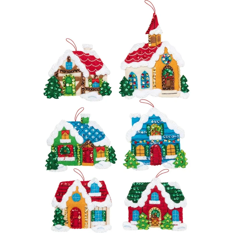 Kariertes Filz-Ornament-Set, Baumwolle, Weihnachtsdorf, Einheitsgrösse Ornamente, Ornamente