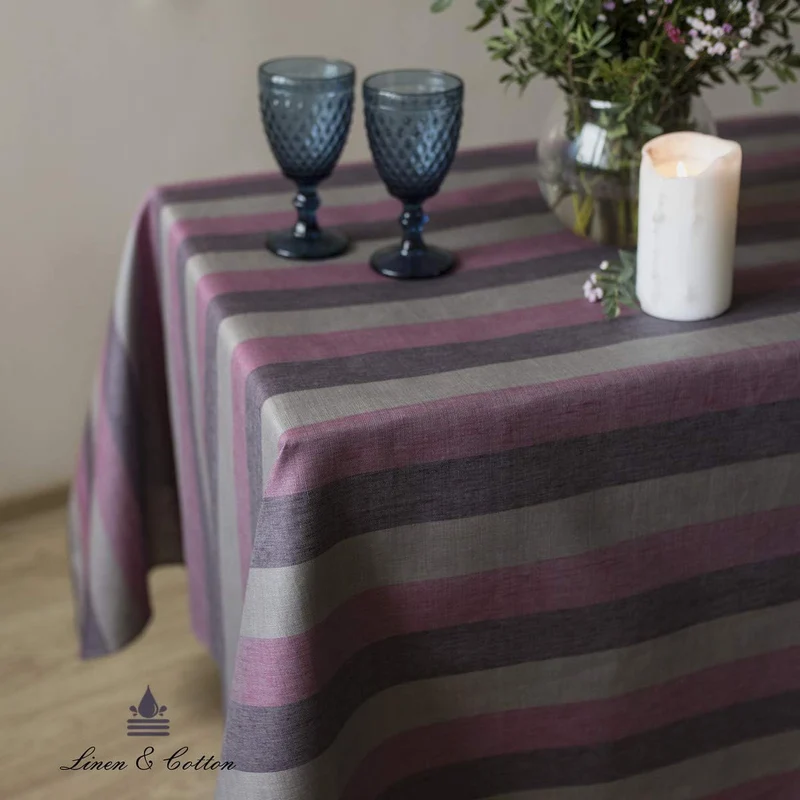 Linen & Cotton Tischdecke Wachstuch Gartentischdecke Silva - 100% Leinen, Lila Rosa Grau (147 x 147