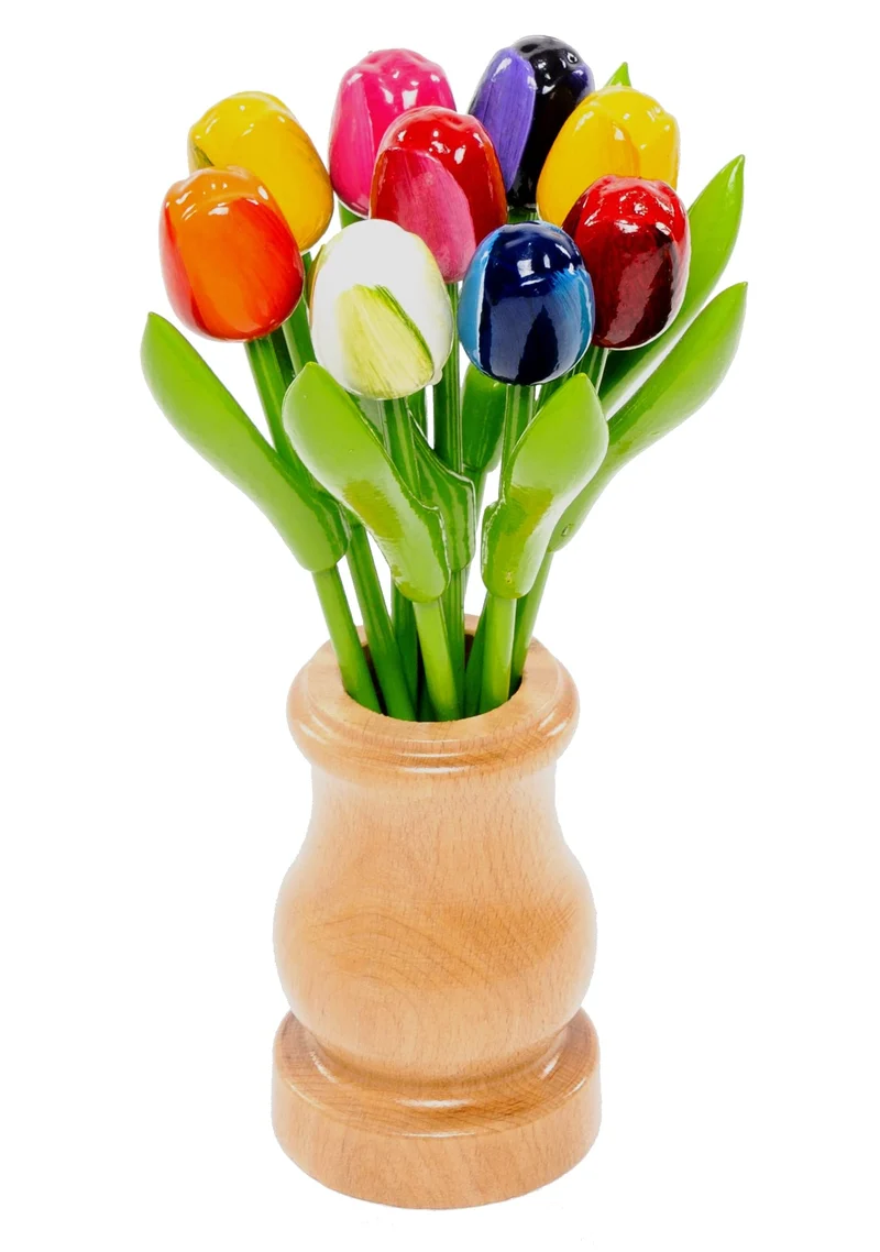 MomoMoments Holztulpen, Holzblumen, Holzdekoration, Holz-Kunstblumen, 9 Tulpen in Holzvase Retro Nat
