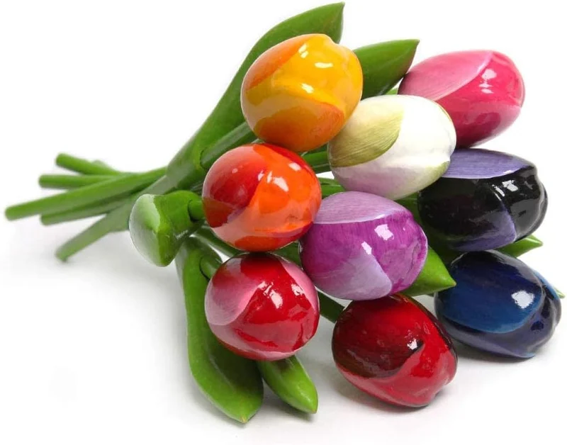 MomoMoments Holztulpen, Holzblumen, Holzdekoration, Holz-Kunstblumen, 9 Tulpen in Holzvase Retro Nat