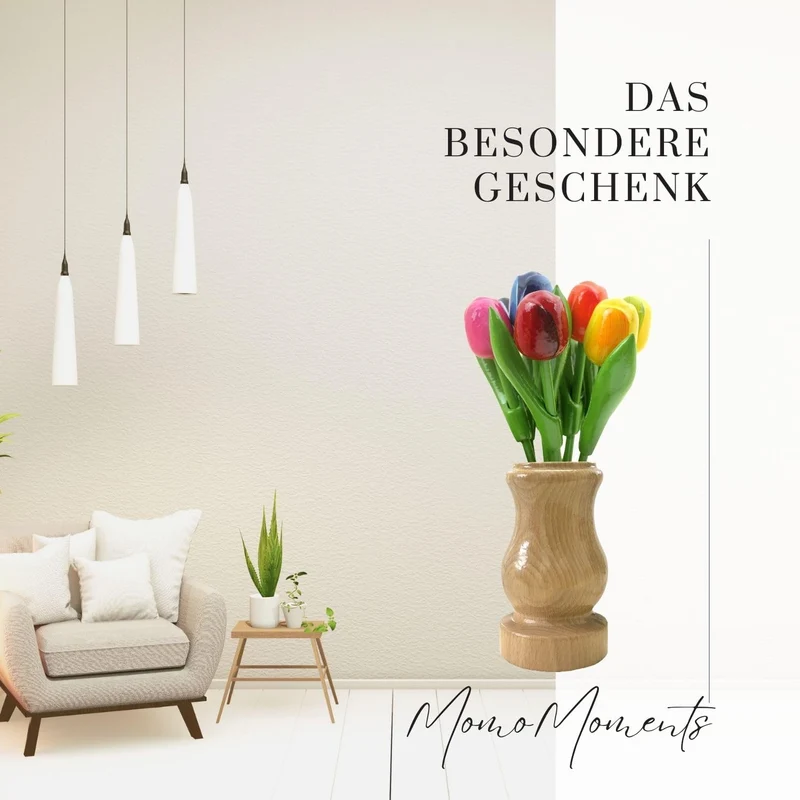 MomoMoments Holztulpen, Holzblumen, Holzdekoration, Holz-Kunstblumen, 9 Tulpen in Holzvase Retro Nat