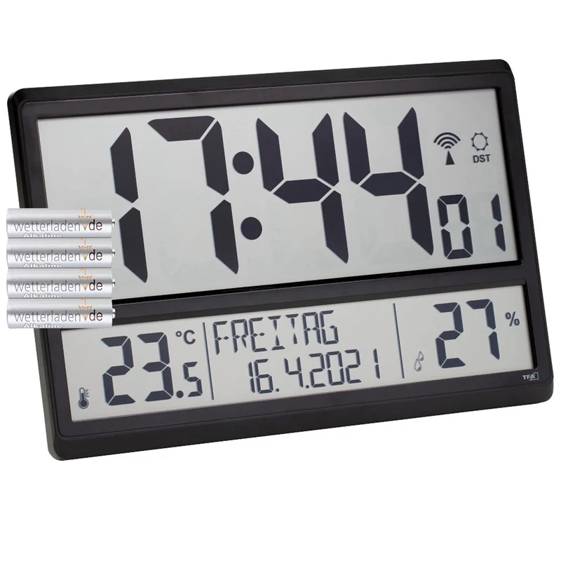 TFA Dostmann 60.4520.01 Digitale XL-Funkuhr Wanduhr mit Innentemperatur, Datum und Wochentag (schwar