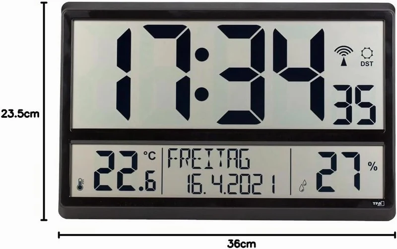 TFA Dostmann 60.4520.01 Digitale XL-Funkuhr Wanduhr mit Innentemperatur, Datum und Wochentag (schwar