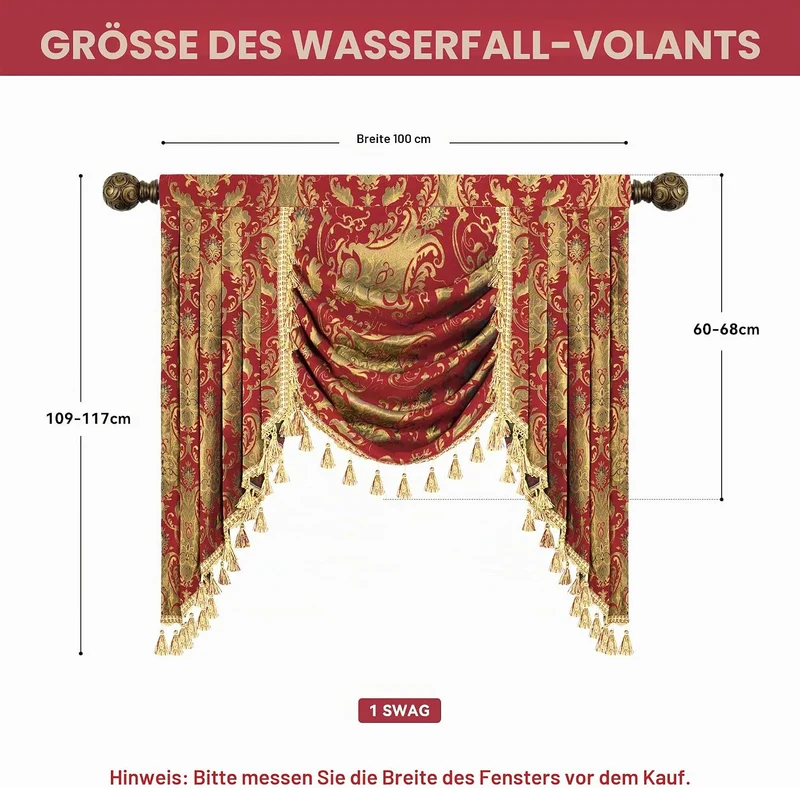 TOPLUXE Swag Volant Vorhang für Schlafzimmer Esszimmer Wohnzimmer Küche, Damast Kurzstore Waterfall