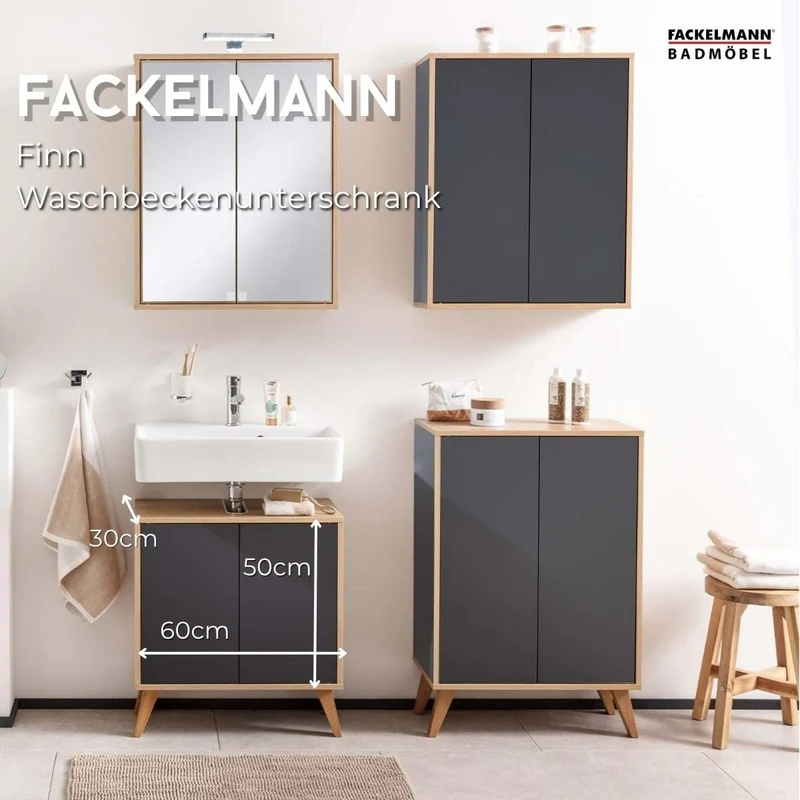 FACKELMANN Finn Waschbeckenunterschrank (60 x 50 x 30,5 cm) – Unterschrank für Waschbecken mit Aussp