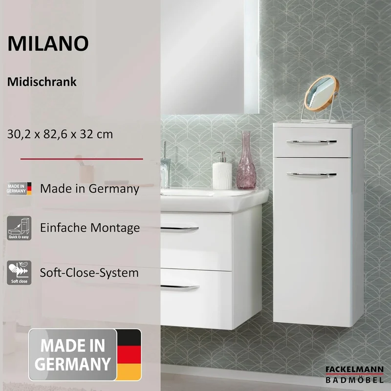 FACKELMANN Milano Midischrank mit Tür und Schublade – Schrank für Badezimmer (30,5 cm x 83 cm x 32 c