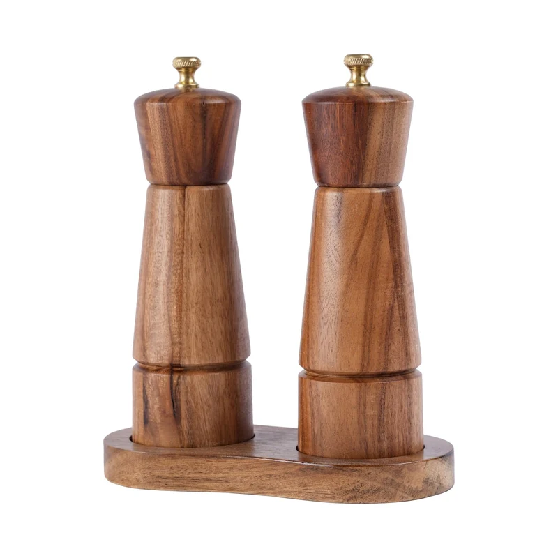 DeroTeno Salz- und Pfeffermühlenset mit Mühlenuntersetzer, Verstellbare Keramikmahlwerk Salzmühle, E