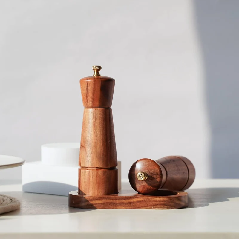 DeroTeno Salz- und Pfeffermühlenset mit Mühlenuntersetzer, Verstellbare Keramikmahlwerk Salzmühle, E