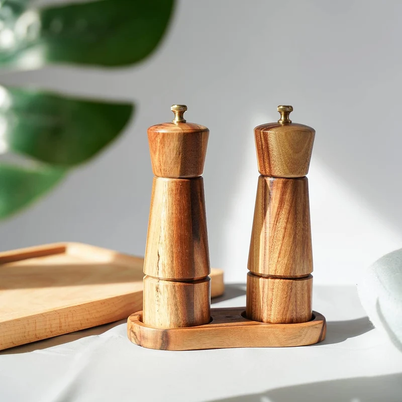 DeroTeno Salz- und Pfeffermühlenset mit Mühlenuntersetzer, Verstellbare Keramikmahlwerk Salzmühle, E
