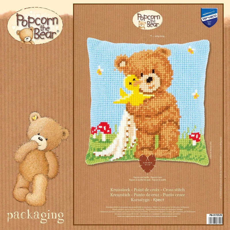 Vervaco PN-0172578 Kreuzstichkissen Popcorn & Soufflé Kreuzstichset, Baumwolle, mehrfarbig, 40 x 40