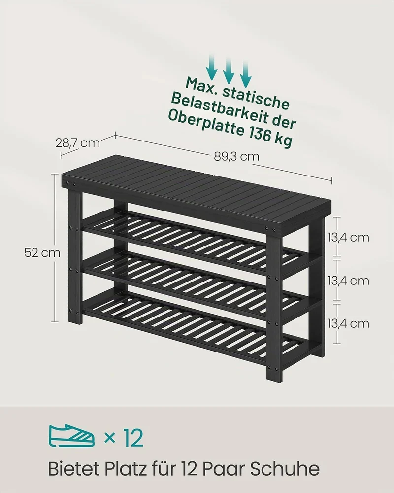 SONGMICS Schuhbank aus Bambus, Tintenschwarz, 89,3 x 28,7 x 52 cm Tintenschwarz 4 Ebenen (90B cm), T