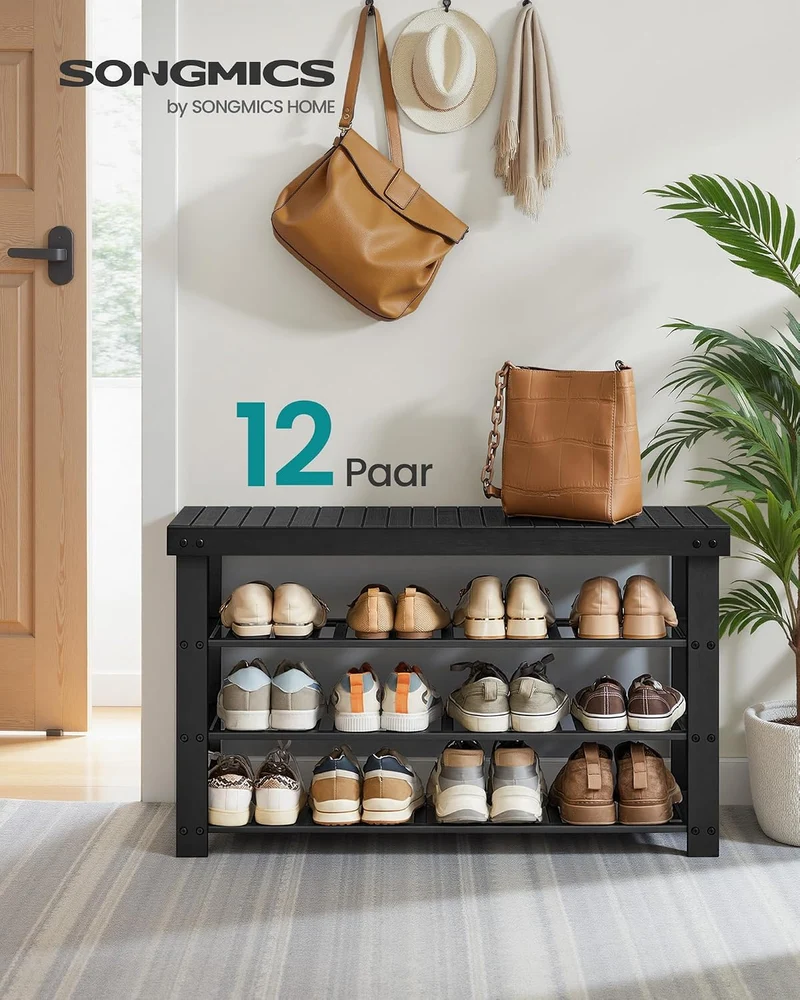 SONGMICS Schuhbank aus Bambus, Tintenschwarz, 89,3 x 28,7 x 52 cm Tintenschwarz 4 Ebenen (90B cm), T