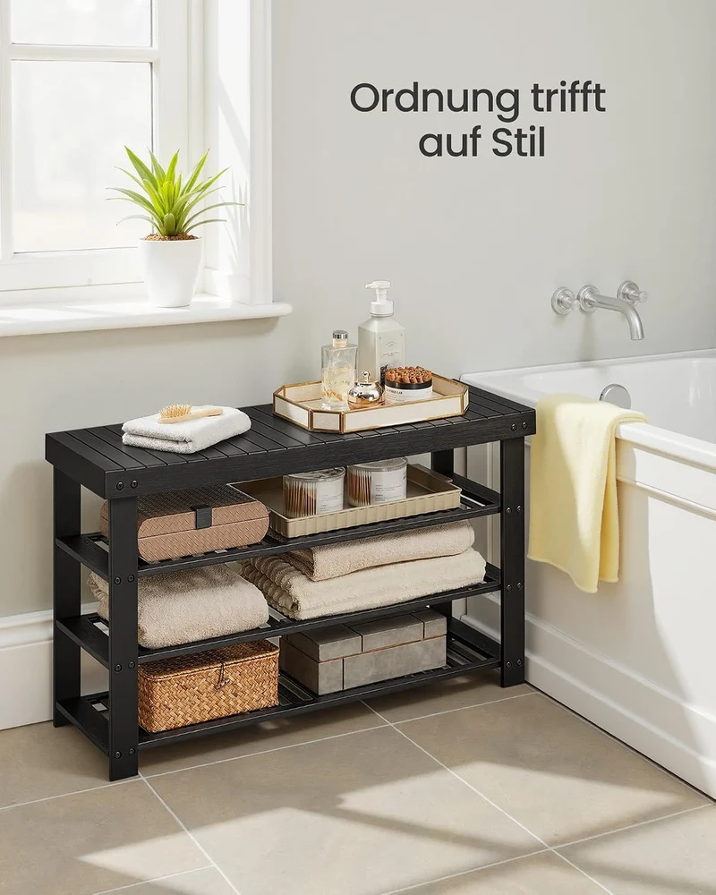 SONGMICS Schuhbank aus Bambus, Tintenschwarz, 89,3 x 28,7 x 52 cm Tintenschwarz 4 Ebenen (90B cm), T