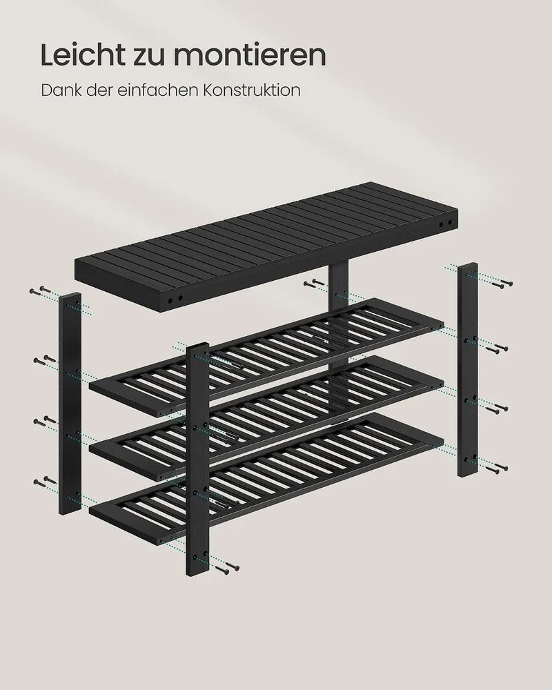 SONGMICS Schuhbank aus Bambus, Tintenschwarz, 89,3 x 28,7 x 52 cm Tintenschwarz 4 Ebenen (90B cm), T