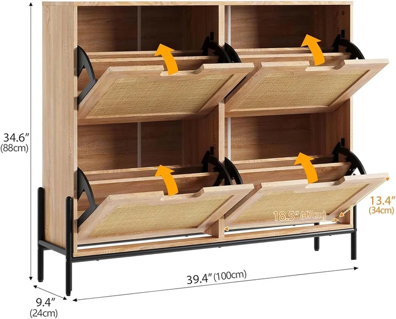 Litake Schuhschrank Schuhkommode mit 4 Rattan Klappen, Schuhkipper Schuhschrank Schuhregal Schmal mi