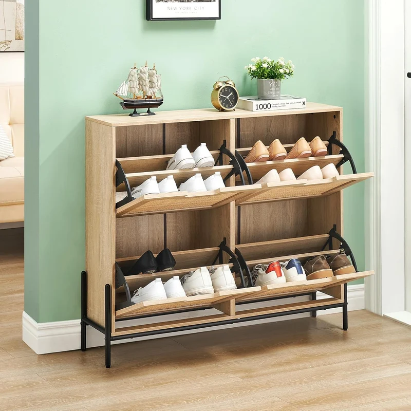 Litake Schuhschrank Schuhkommode mit 4 Rattan Klappen, Schuhkipper Schuhschrank Schuhregal Schmal mi