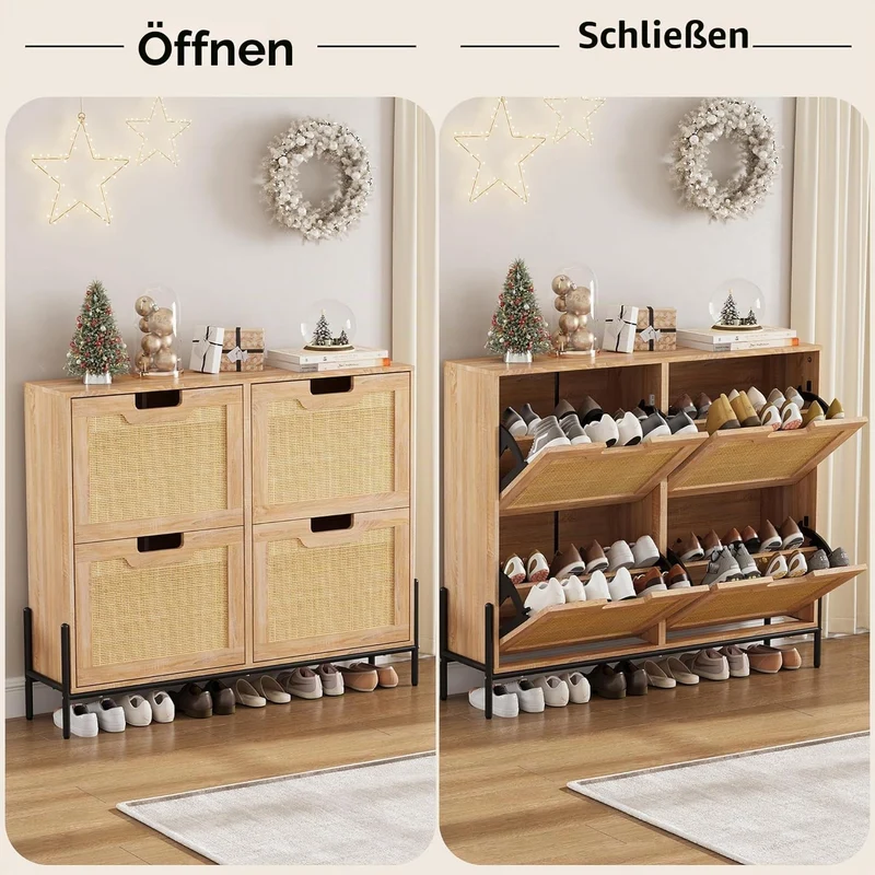 Litake Schuhschrank Schuhkommode mit 4 Rattan Klappen, Schuhkipper Schuhschrank Schuhregal Schmal mi