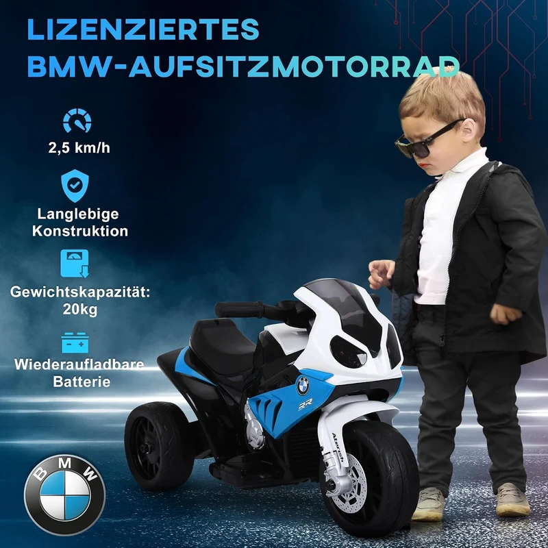 HOMCOM BMW S1000RR 6V Elektromotorrad mit Scheinwerfer mit Musik Blau, Blau