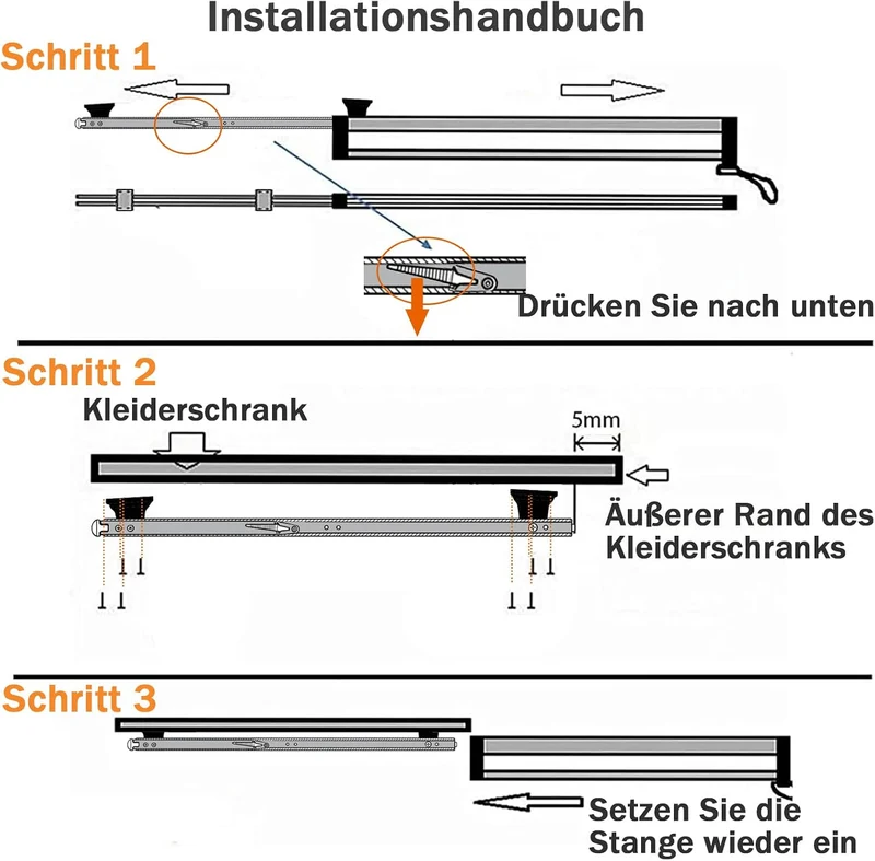 Ausziehbare Kleiderstange zum Herausziehen der Kleiderbügel Verstellbarer Kleiderschrank Teleskopsta