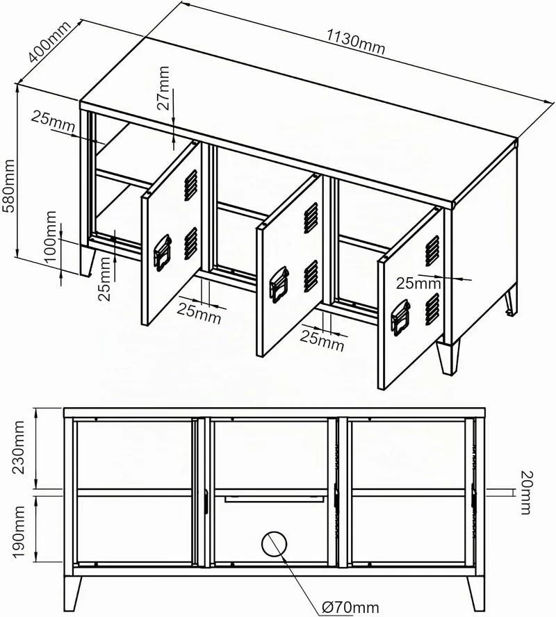 [en.casa] Fernsehschrank Kotka Metall 58 x 113 x 40 cm Fernsehtisch Fernsehregal TV-Schrank mit 3 Sc