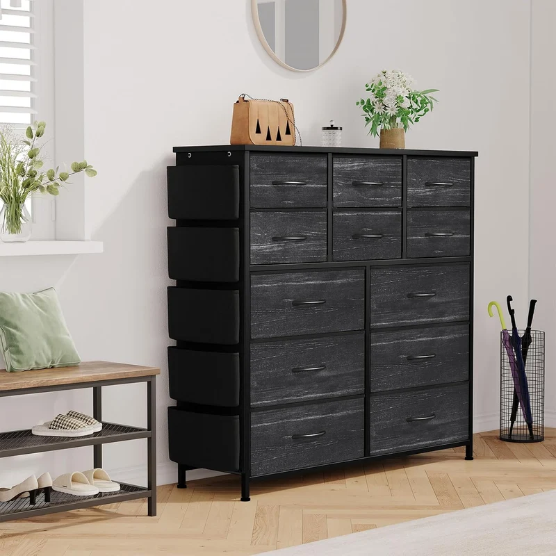 GarveeHome Stoffkommode 99x30x110 cm Stahl Holzplatte 12 Schubladen Schwarz, Schwarz