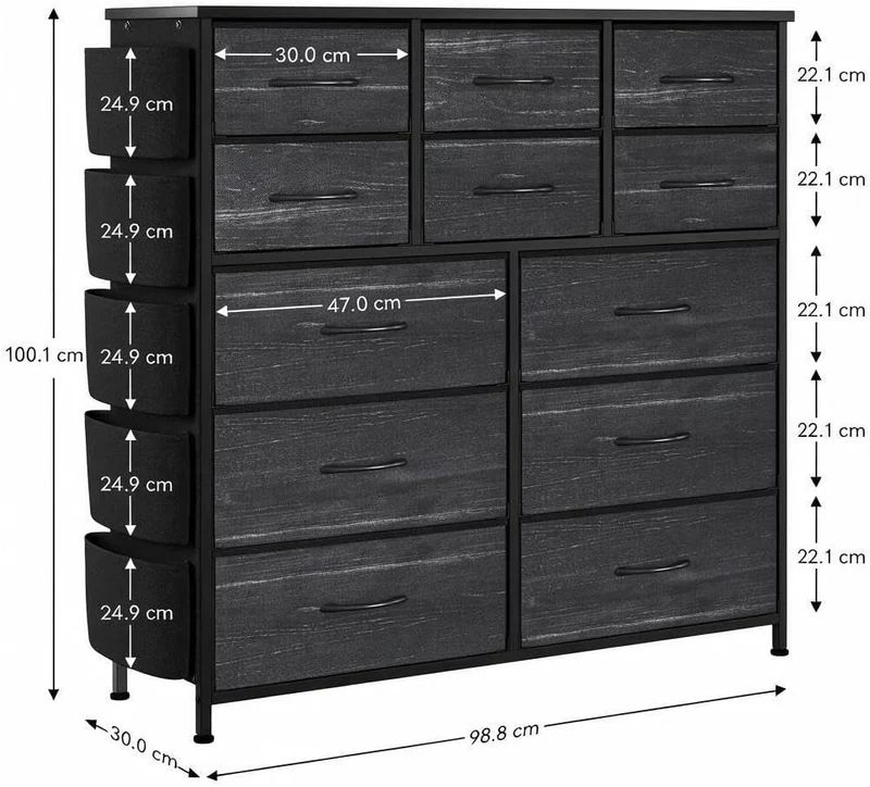 GarveeHome Stoffkommode 99x30x110 cm Stahl Holzplatte 12 Schubladen Schwarz, Schwarz