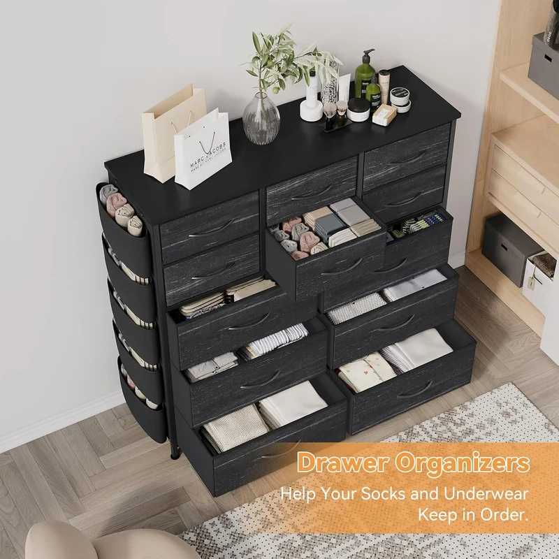 GarveeHome Stoffkommode 99x30x110 cm Stahl Holzplatte 12 Schubladen Schwarz, Schwarz
