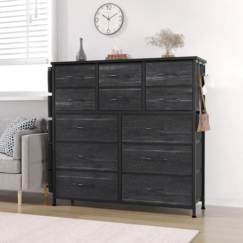 GarveeHome Stoffkommode 99x30x110 cm Stahl Holzplatte 12 Schubladen Schwarz, Schwarz